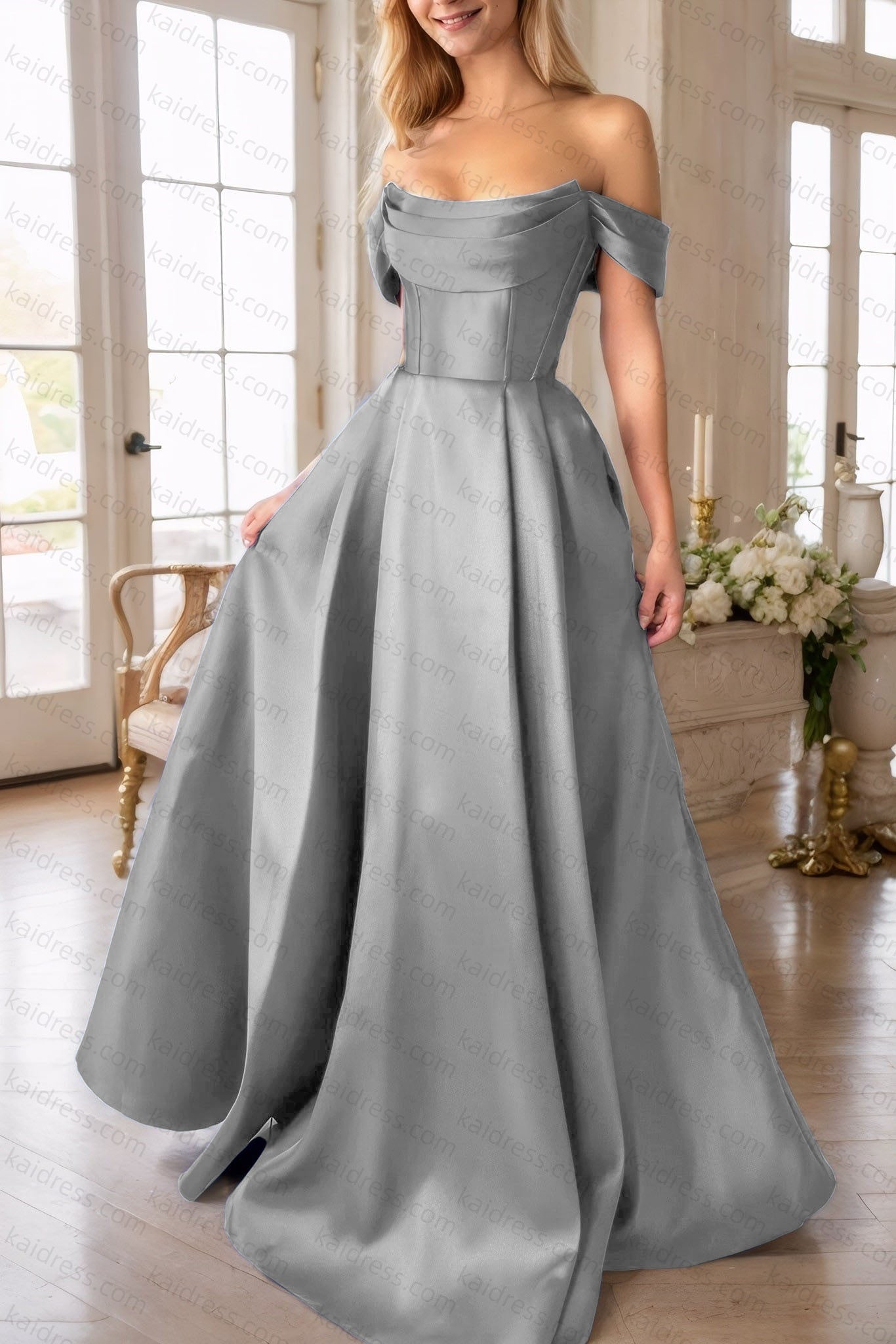 A-Line Satin Long Prom Dress, Simple Off the Shoulder Evening Party Dress With Pockets