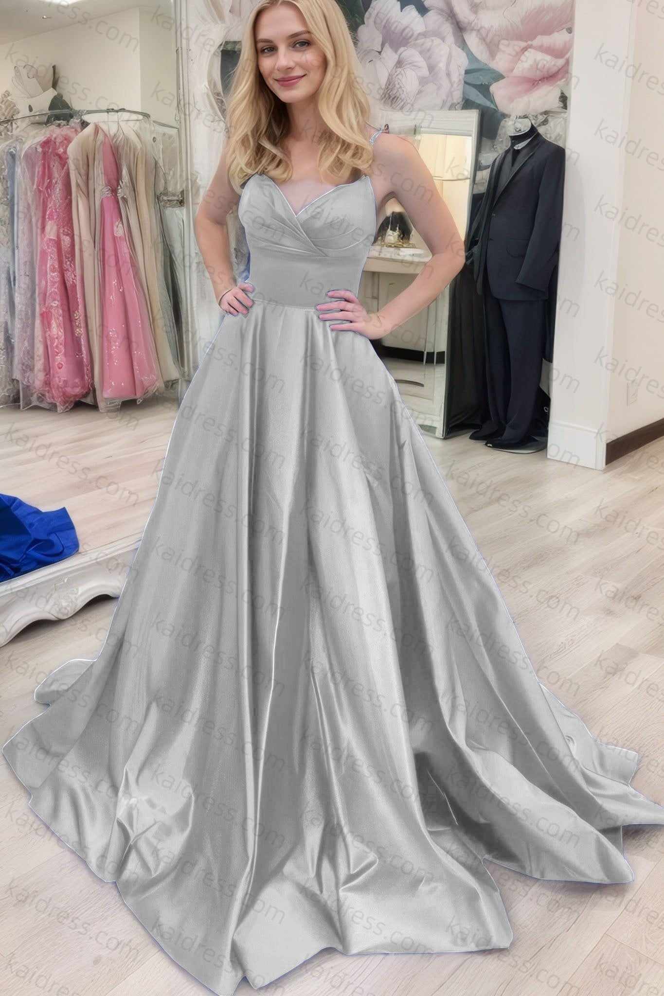 A-line V Neck Sleeveless Court Train Satin Prom Dresses With Bowknot Pleated Waistband