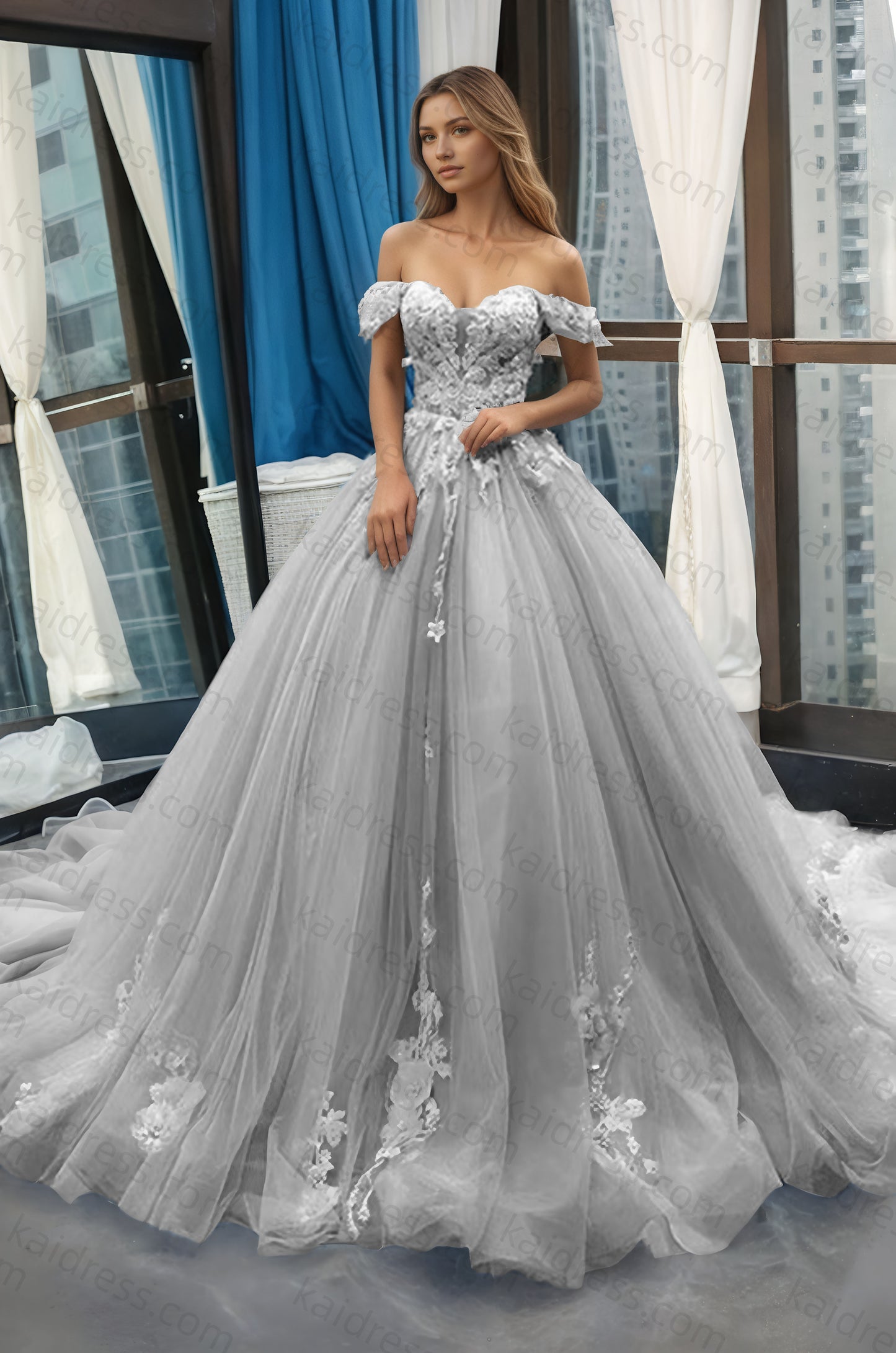 A-Line Off the Shoulder Tulle Applique Long Quinceañera Dresses Blue Formal Prom Dress