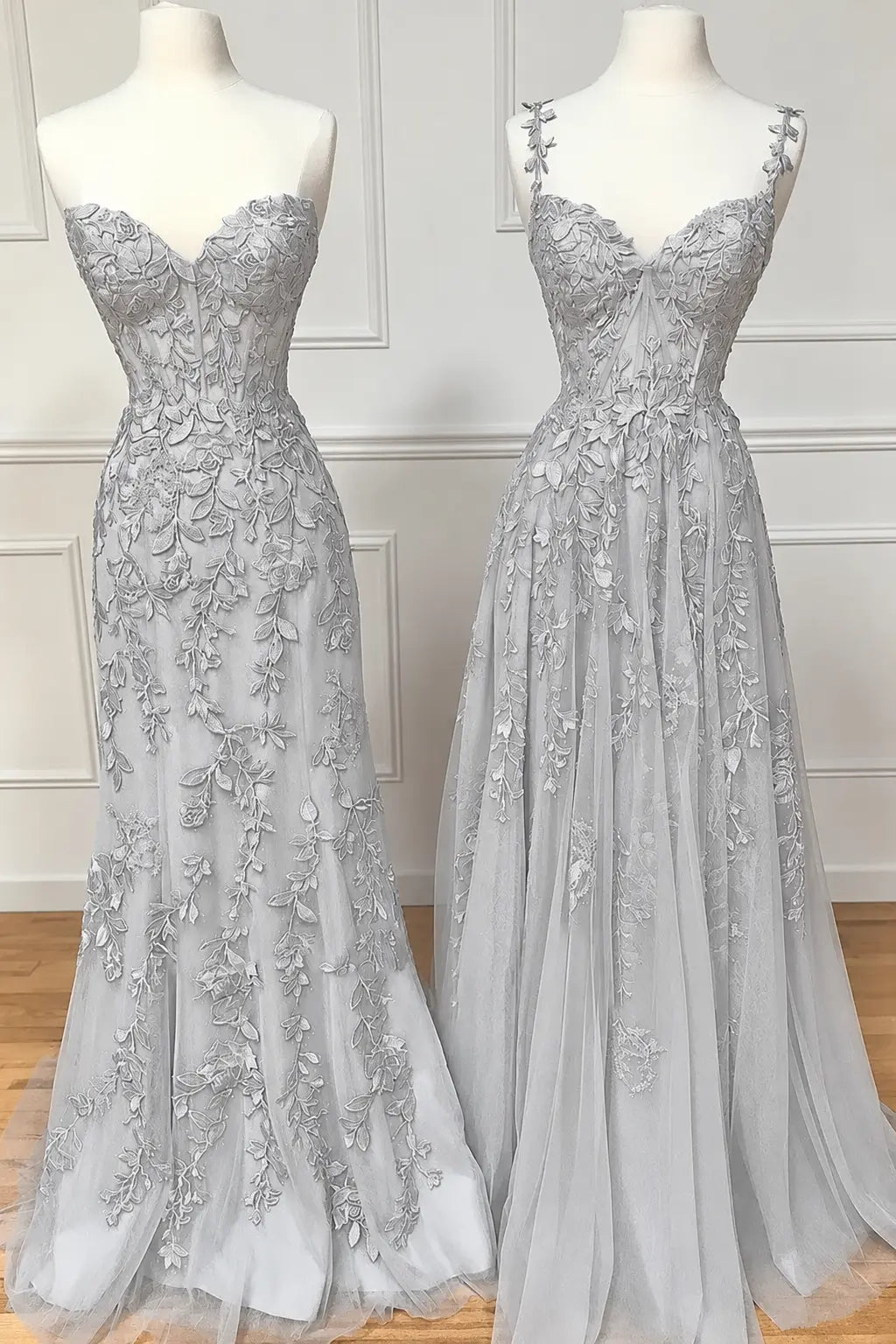 A-line Sweetheart Spaghetti Straps Sweep Train Lace Prom Dress With Beading Kaidress