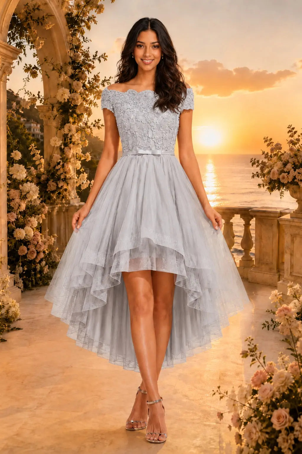 Burgundy Off the Shoulder A Line Strapless Lace Tulle Asymmetrical Dress KAIDRESS