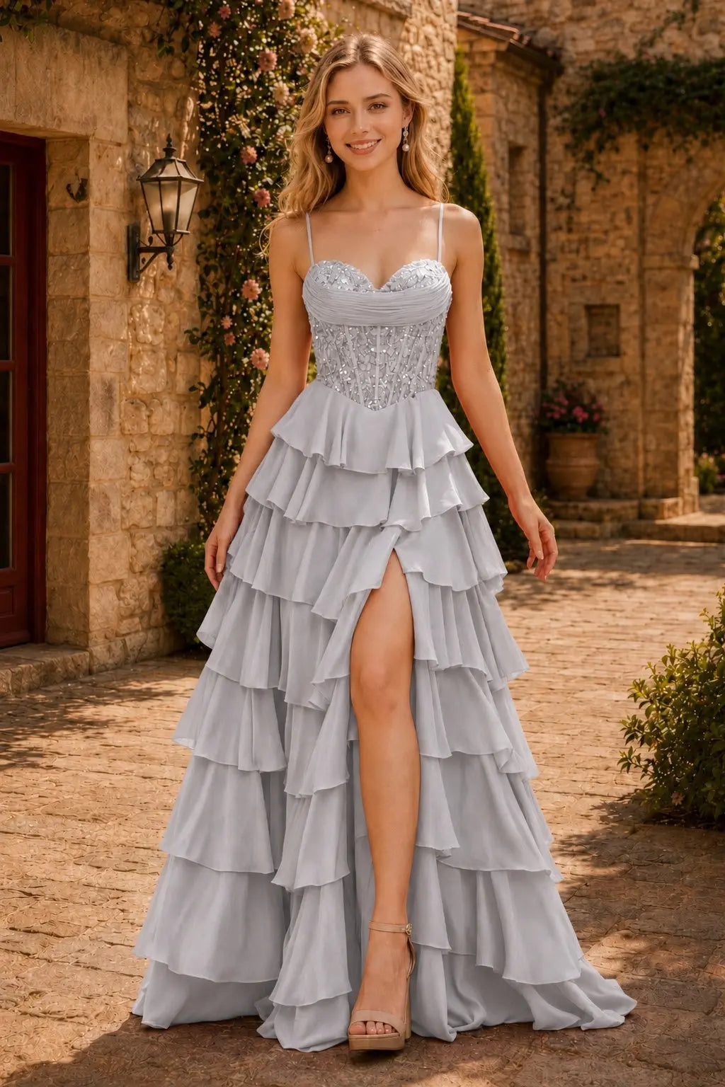 Spaghetti Straps Sweetheart Embellished Corset Chiffon Slit Ruffle Prom Dress with Detachable Straps