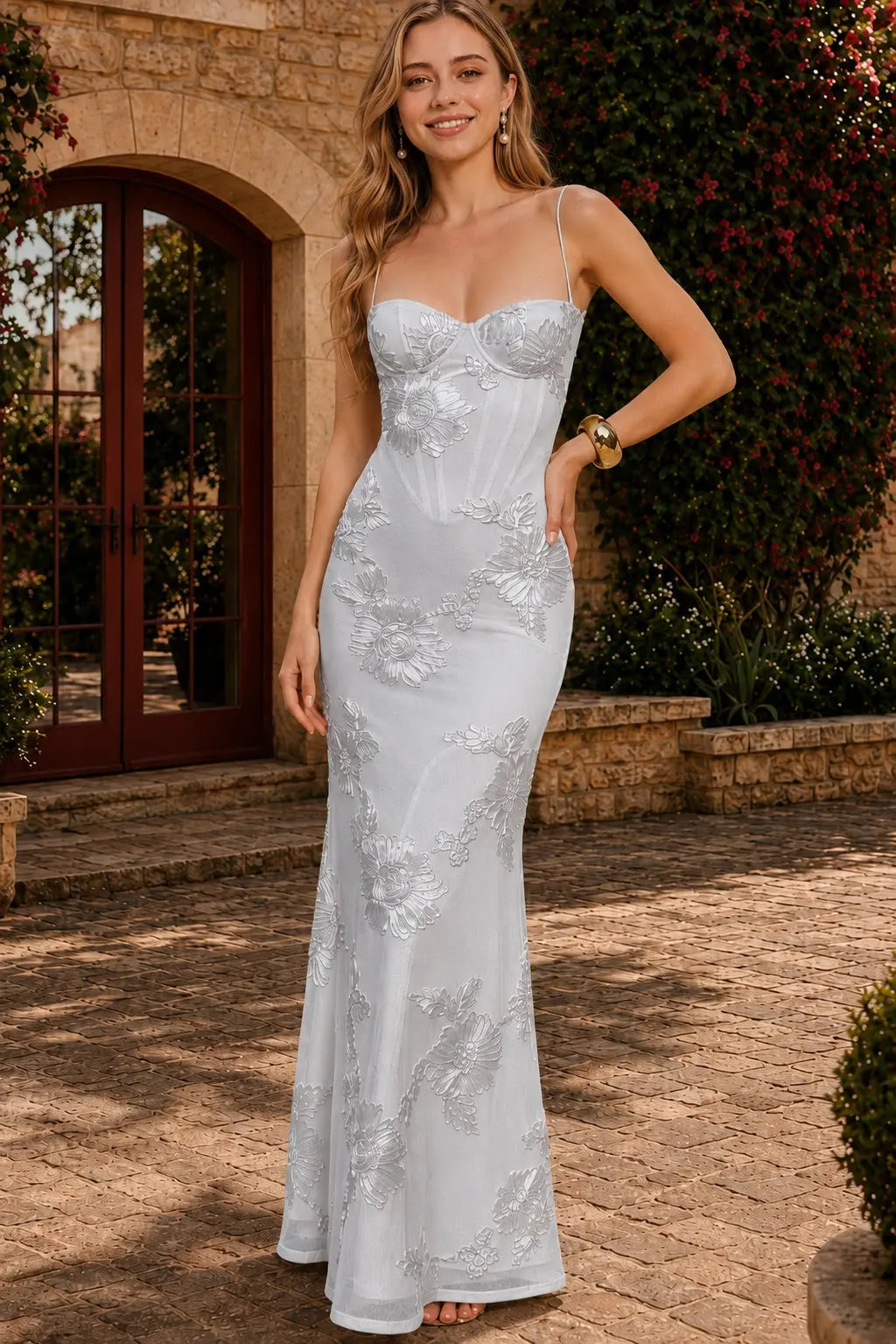 Yellow Spaghetti Straps Sheath Long Prom Dresses With Floral Embroidery KAIDRESS