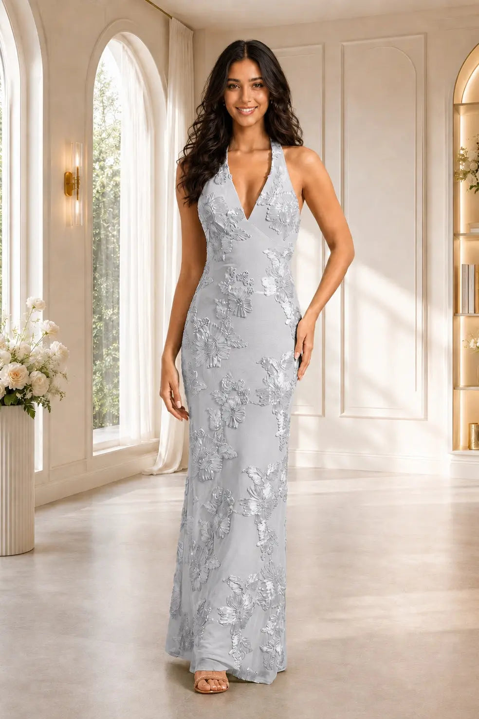 Sage Green Halter Floral Lace Sheath Floor-Length Prom Evening Gown KAIDRESS