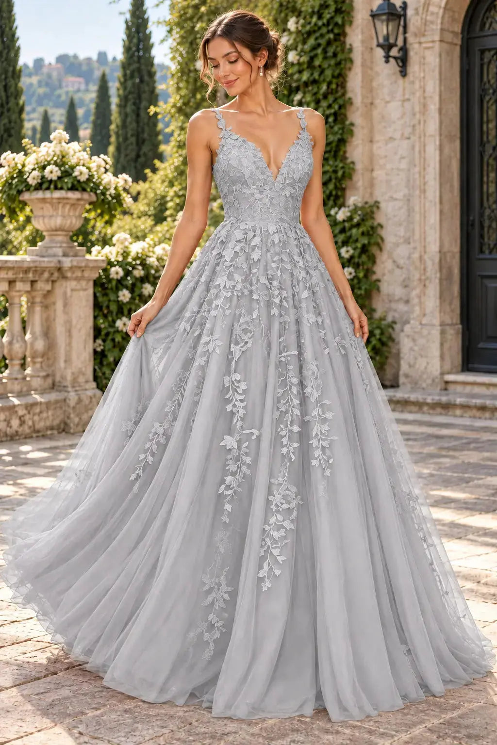 A-Line Lace Prom Dresses Long V Neck Sleeveless Formal Maxi Dress KAIDRESS