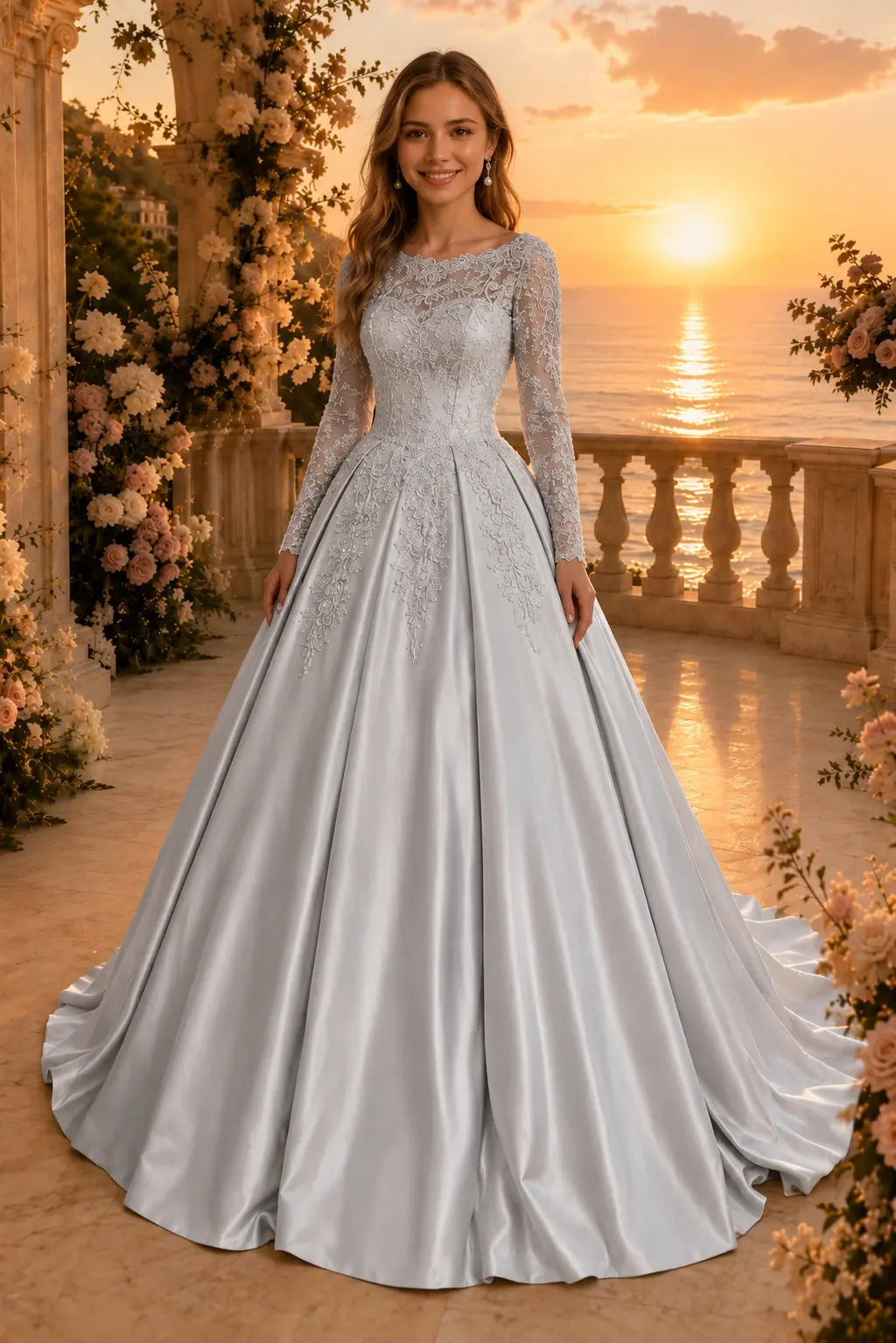 Ball Gown Long Sleeves Off-the-Shoulder Chapel Train Applique Satin Prom Dresses Kaidress