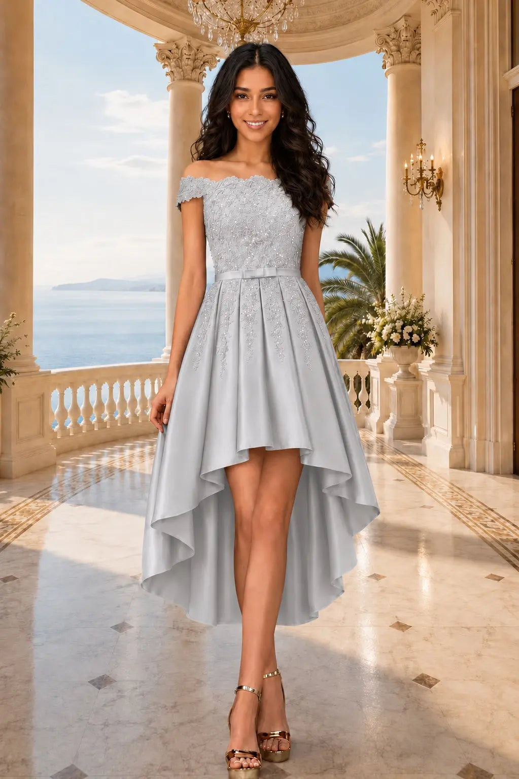 A-line Burgundy Satin Off the Shoulder A Line Strapless Lace Tulle Asymmetrical Dress With Pockets KAIDRESS