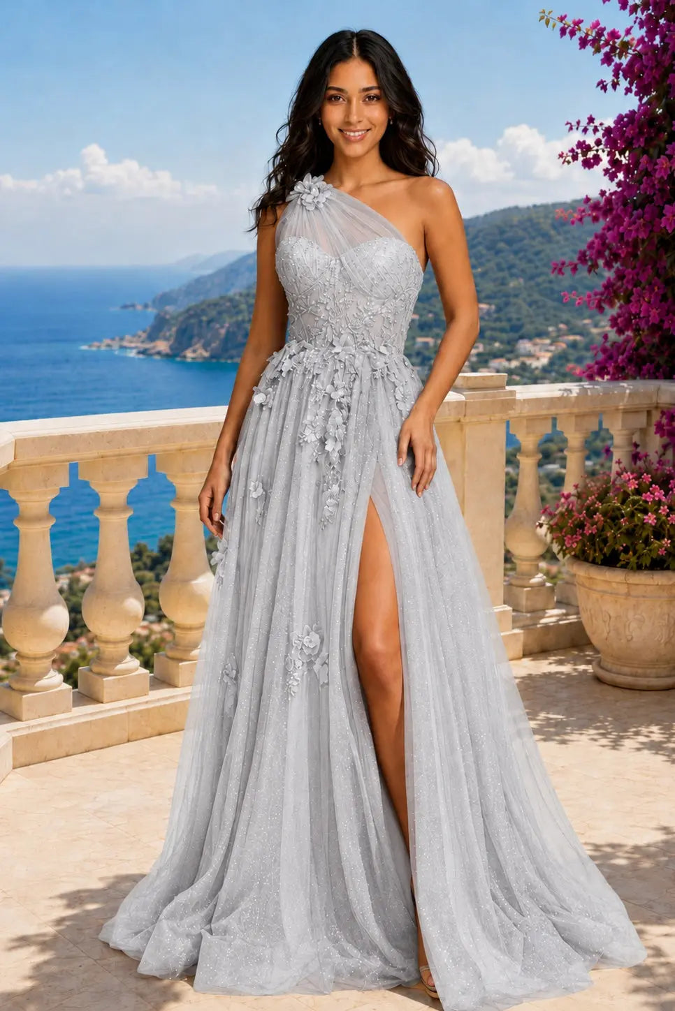 A-line One-Shoulder Sleeveless Long/Floor-Length Tulle Prom Dresses with Appliqued Split KAIDRESS