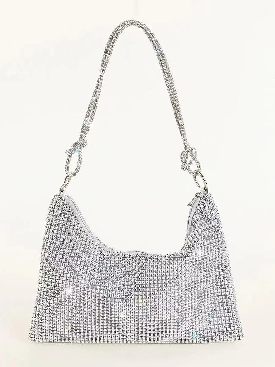 Gold Rhinestone Hobo Shoulder Bag with Adjustable Knotted Strap