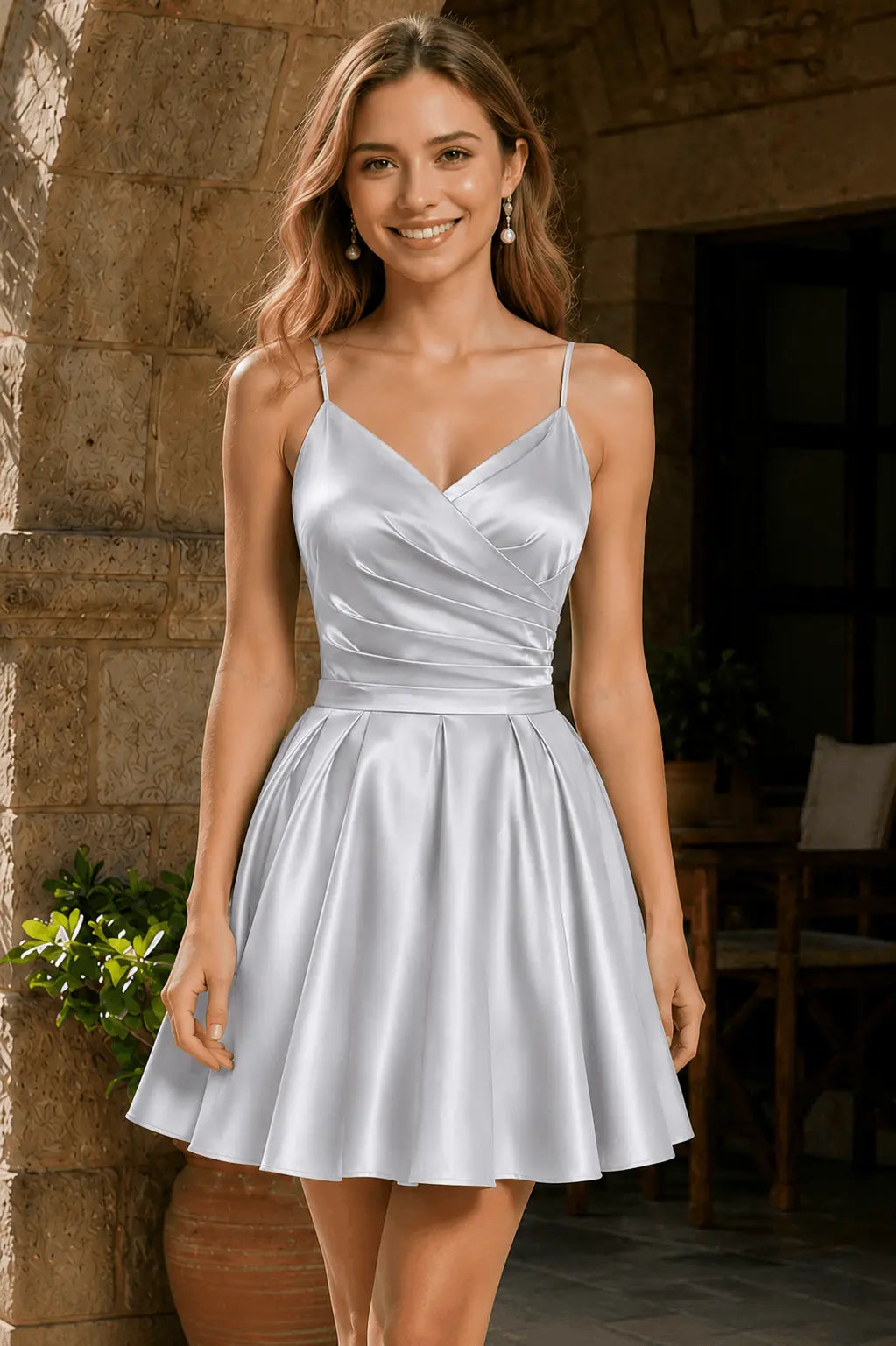 A-line V Neck Sleeveless Short/Mini Satin Homecoming Dress with Pleated Pockets