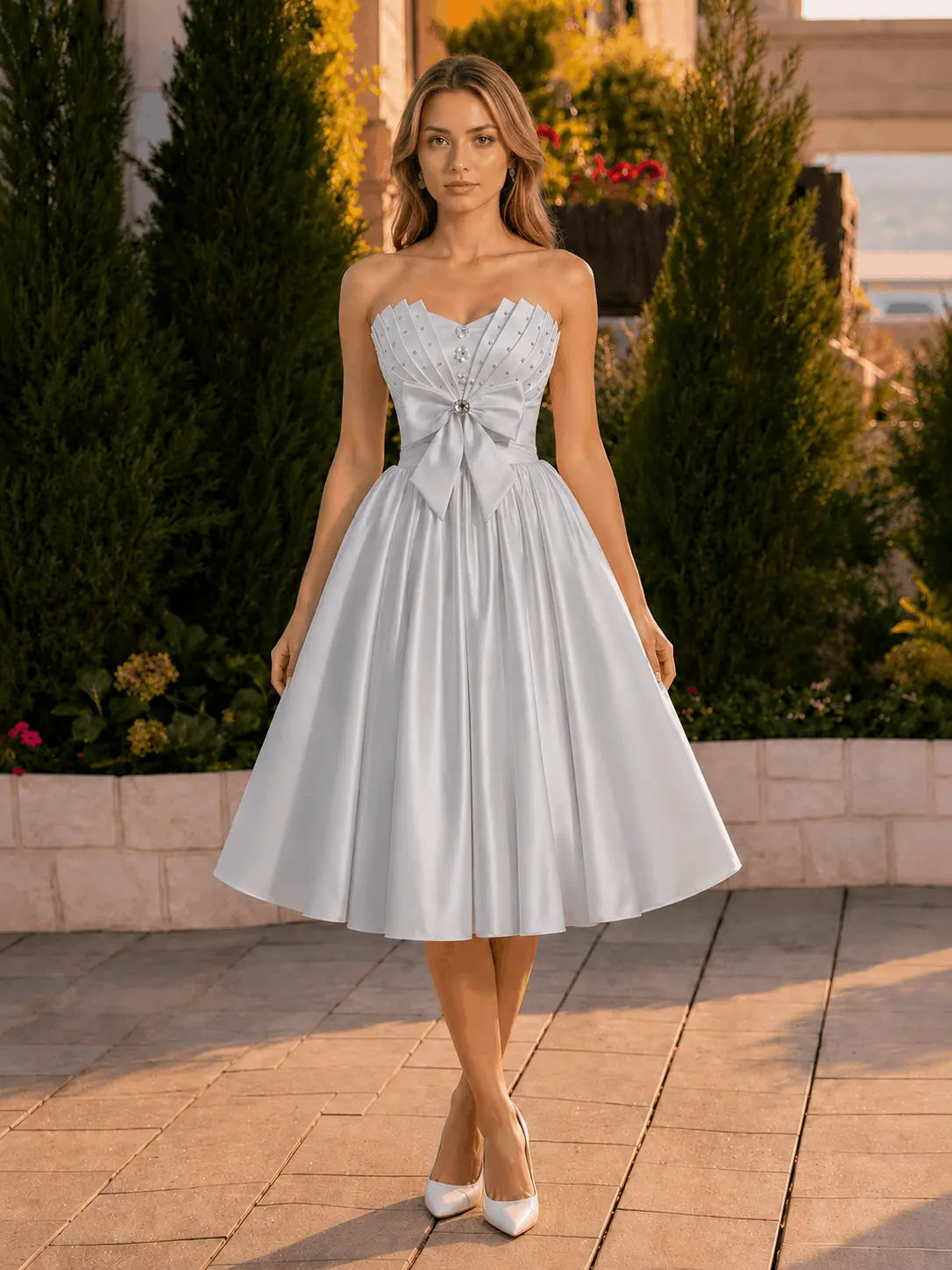 A-line Sweetheart Sleeveless Knee-Length Satin Homecoming Dress with Bow KAIDRESS