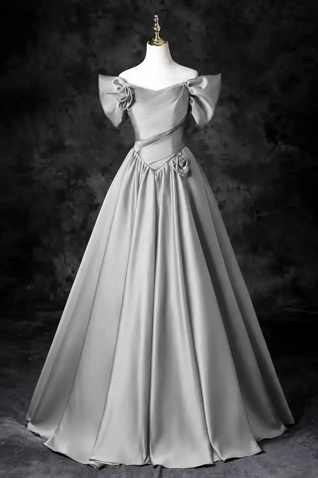 A-Line/Princess Satin Floor Length Formal Prom Dress, Off the Shoulder Prom Gown KAIDRESS