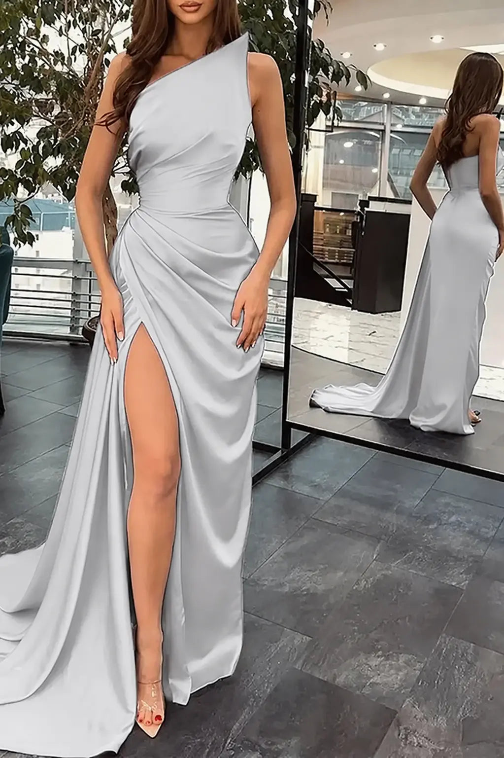 Trumpet/Mermaid Sleeveless Court Train Silk like Satin Prom Dresses with Ruffles Split KAIDRESS