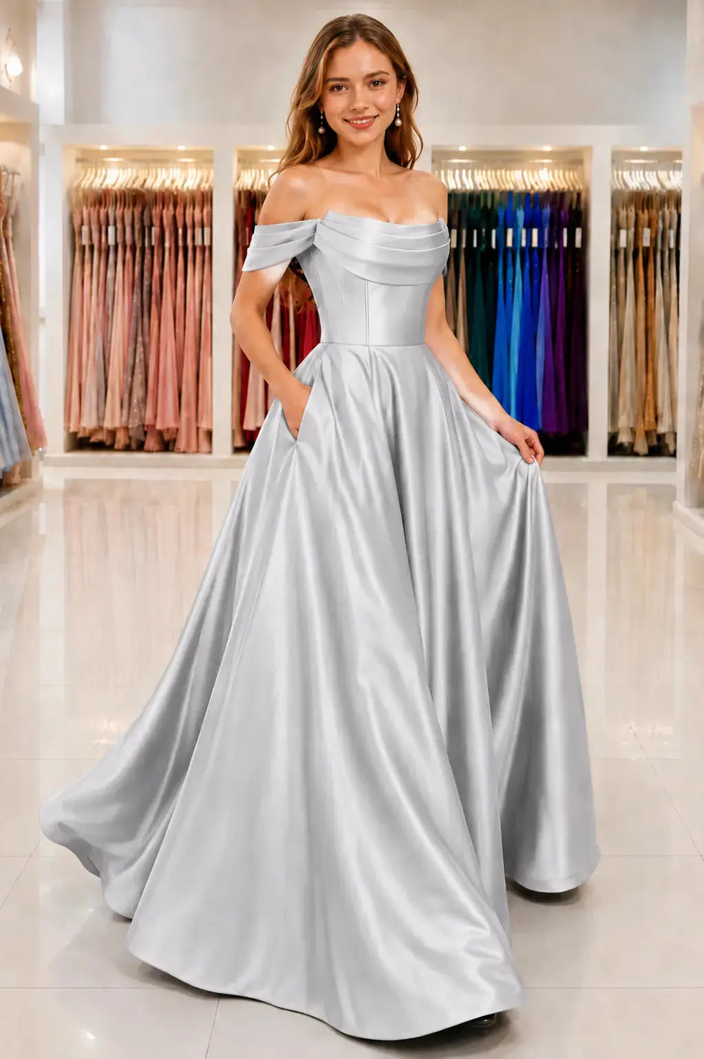 A-Line Satin Long Prom Dress, Simple Off the Shoulder Evening Party Dress With Pockets KAIDRESS