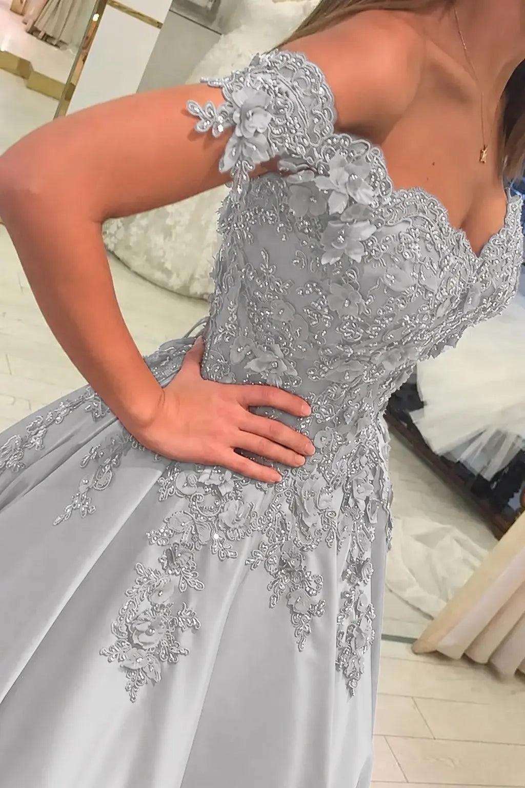 Appliqued Off-The-Shoulder Satin Princess Prom Dress With Beads