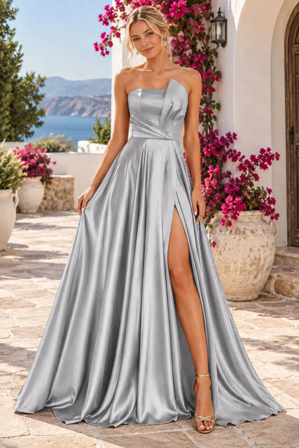 A-line Satin Formal Long Simple Sleeveless Prom Dresses with Slit