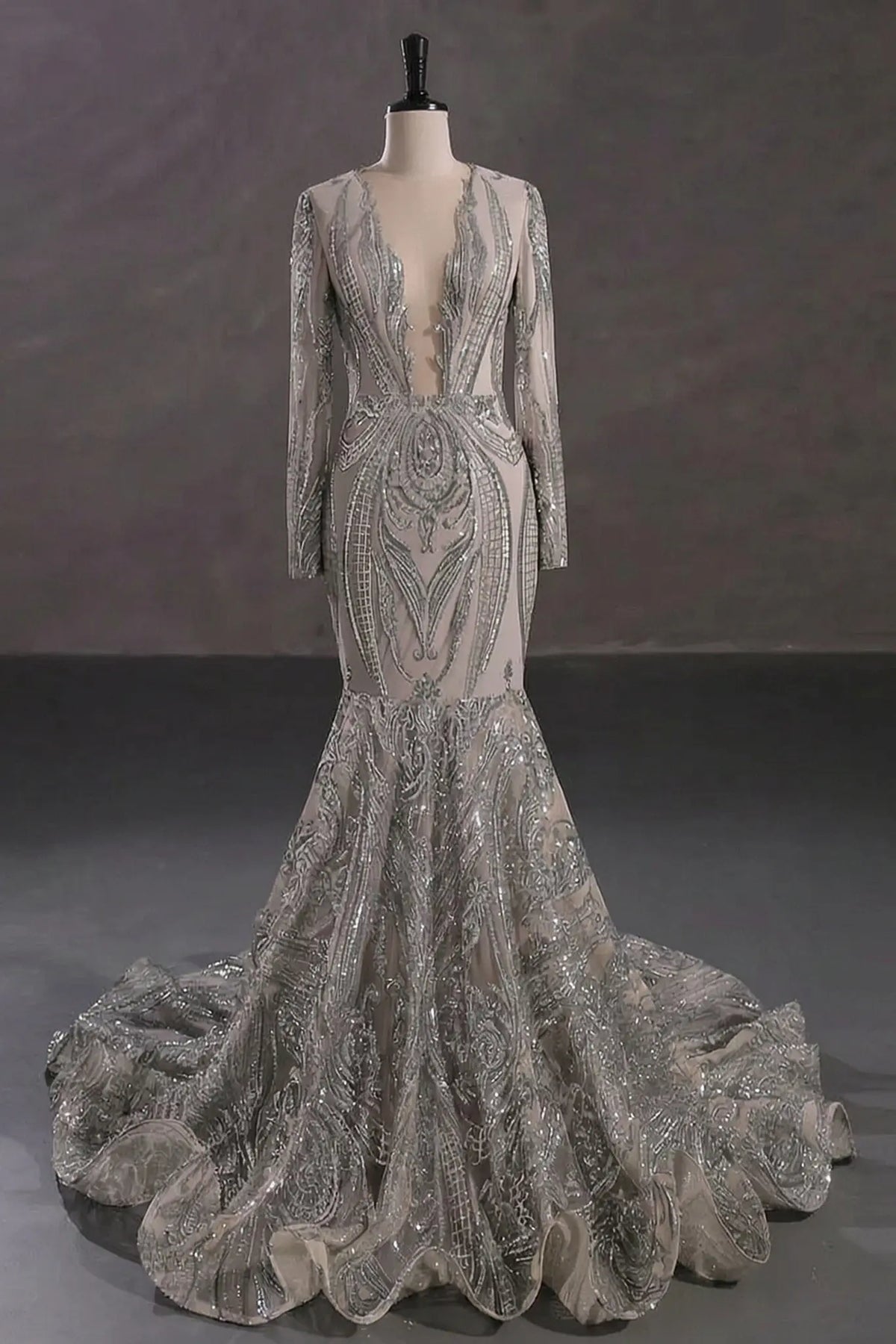 Mermaid Sequin Long Sleeve Silver Long Prom Dresses Sparkly Corset Evening Gowns