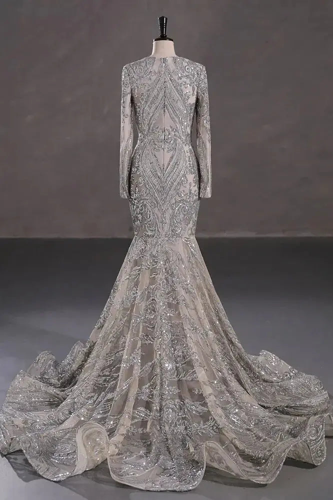 Mermaid Sequin Long Sleeve Silver Long Prom Dresses Sparkly Corset Evening Gowns KAIDRESS