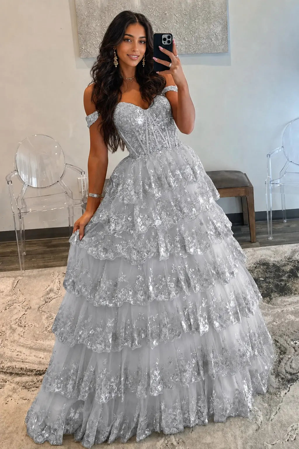 A-Line/Princess Princess Off the Shoulder Sequined Lace Prom Dress KAIDRESS