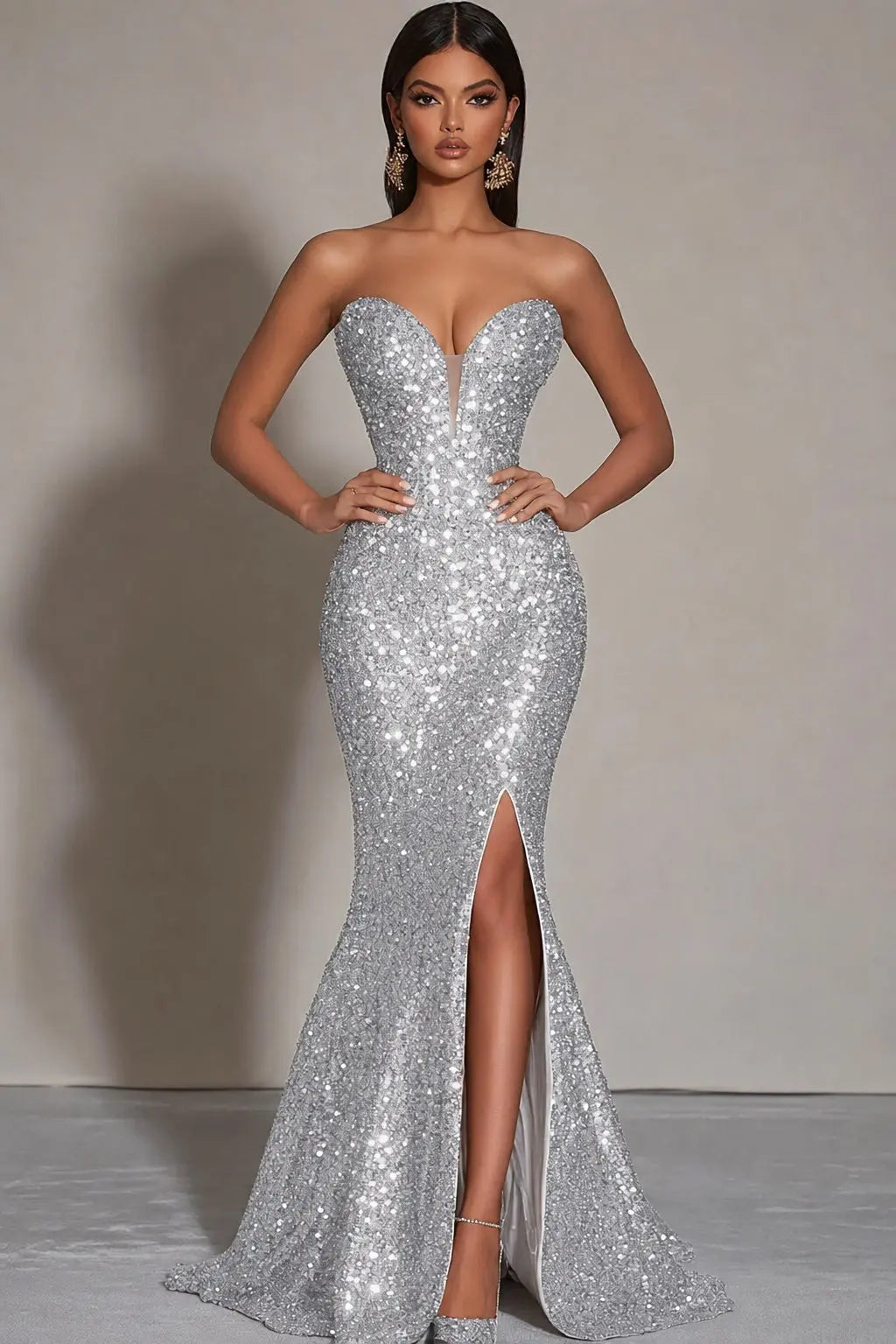 Sparkly Gold Sequins Mermaid Strapless Long Formal Dress with Slit Kaidress