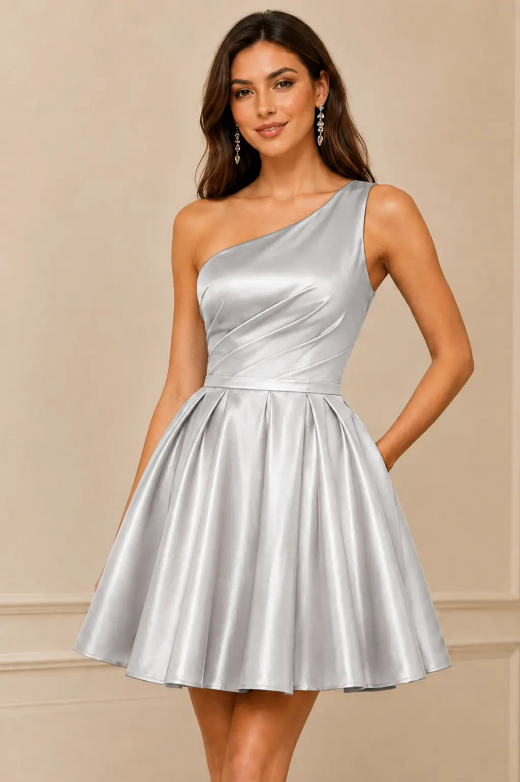 Green One Shoulder Satin Mini A Line Homecoming Dress With Pockets KAIDRESS