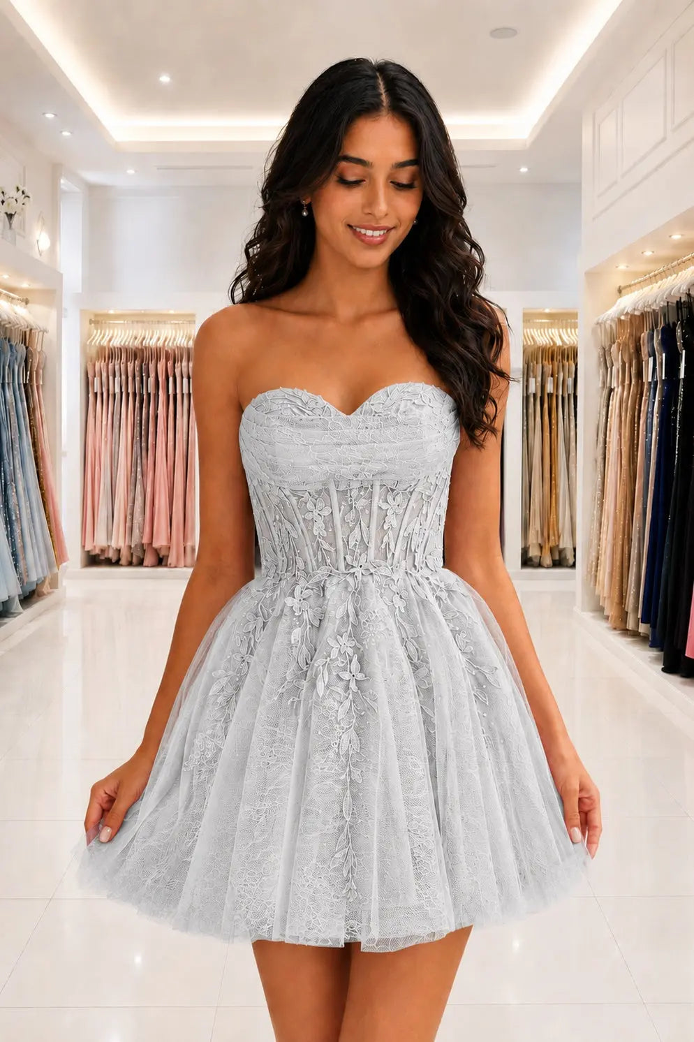 Strapless Beaded Lace Corset A-Line Mini Homecoming Dress KAIDRESS