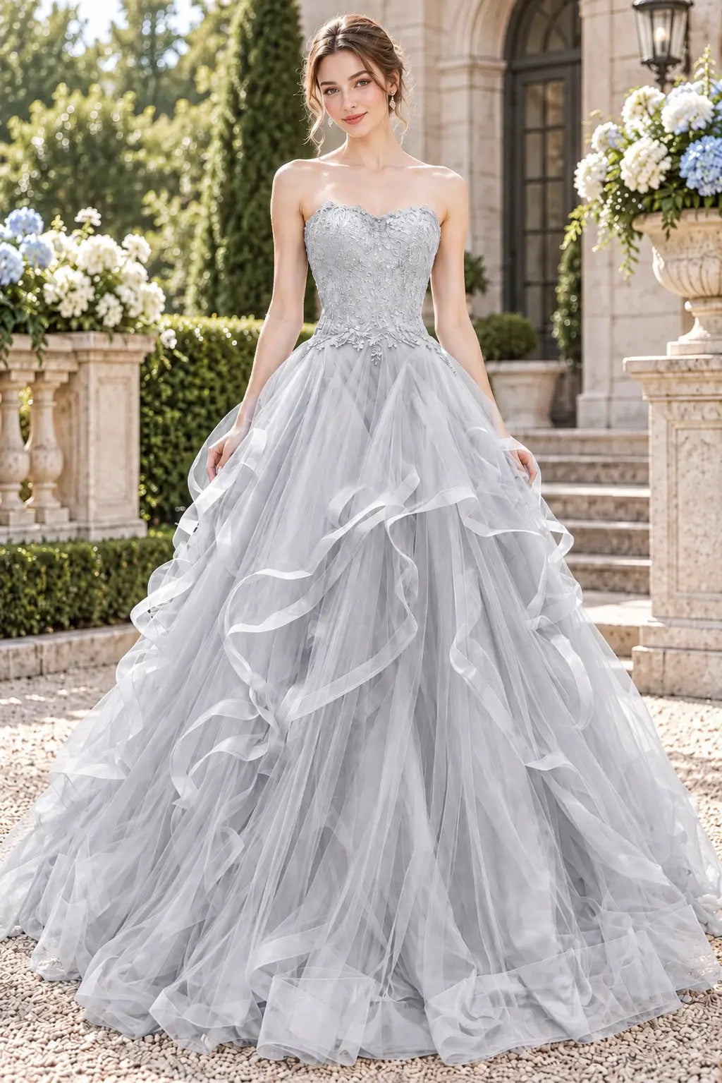 Blue Tulle Lace Long Prom Dresses Princess Layered Formal Evening Gowns