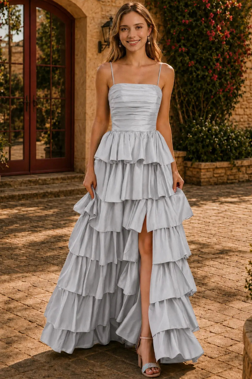 A-line Square Neckline Spaghetti Straps Floor-Length Taffeta Prom Dress with Ruffles Slit KAIDRESS