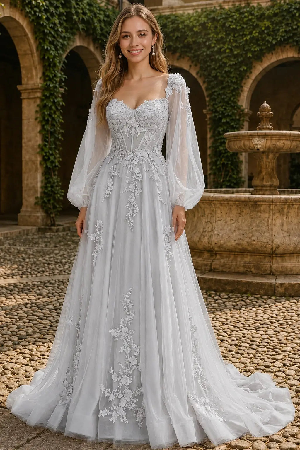 A-line 3D Floral Lace Applique Tulle Long Sleeves Prom Dress