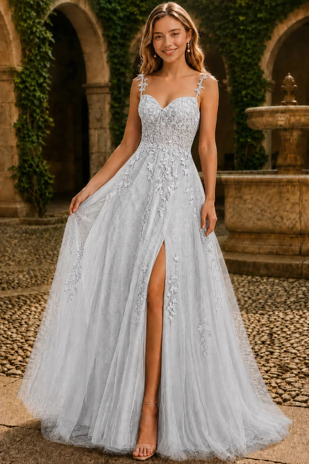 A-line V Neck Sweep Spaghetti Straps Train Tulle Prom Dress with Appliqued Beading