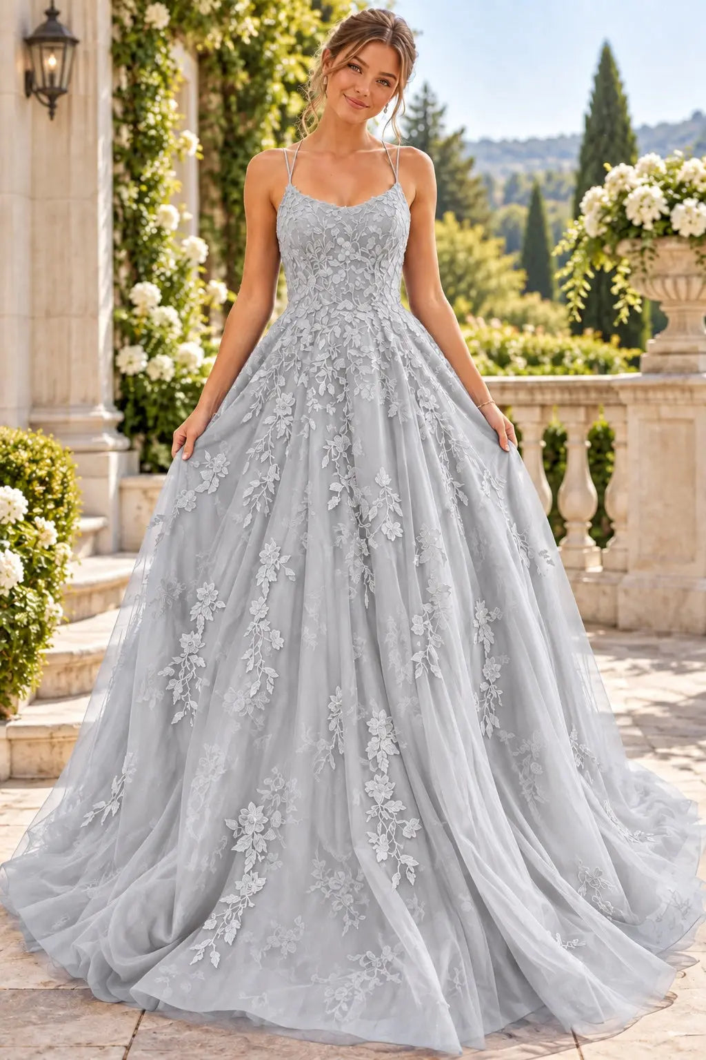 A-line Bateau Neckline Spaghetti Straps Long/Sweep Train Tulle Lace Prom Dresses
