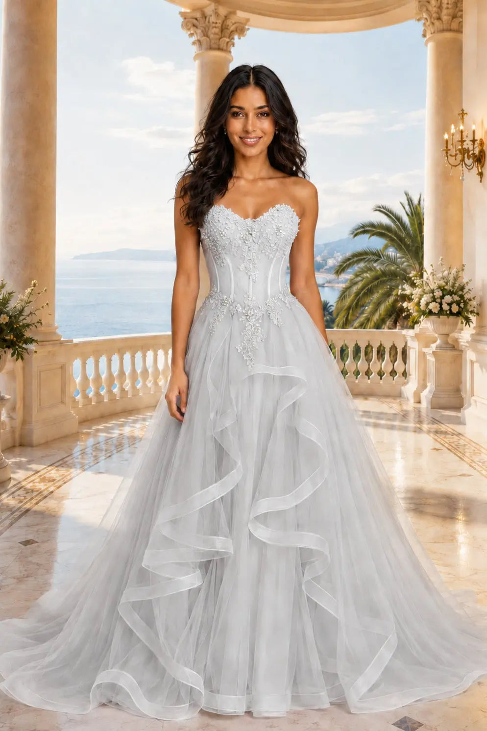 A-line/Princess Sweetheart Sleeveless Sweep Train Tulle Prom Dresses With Beading Appliqued KAIDRESS