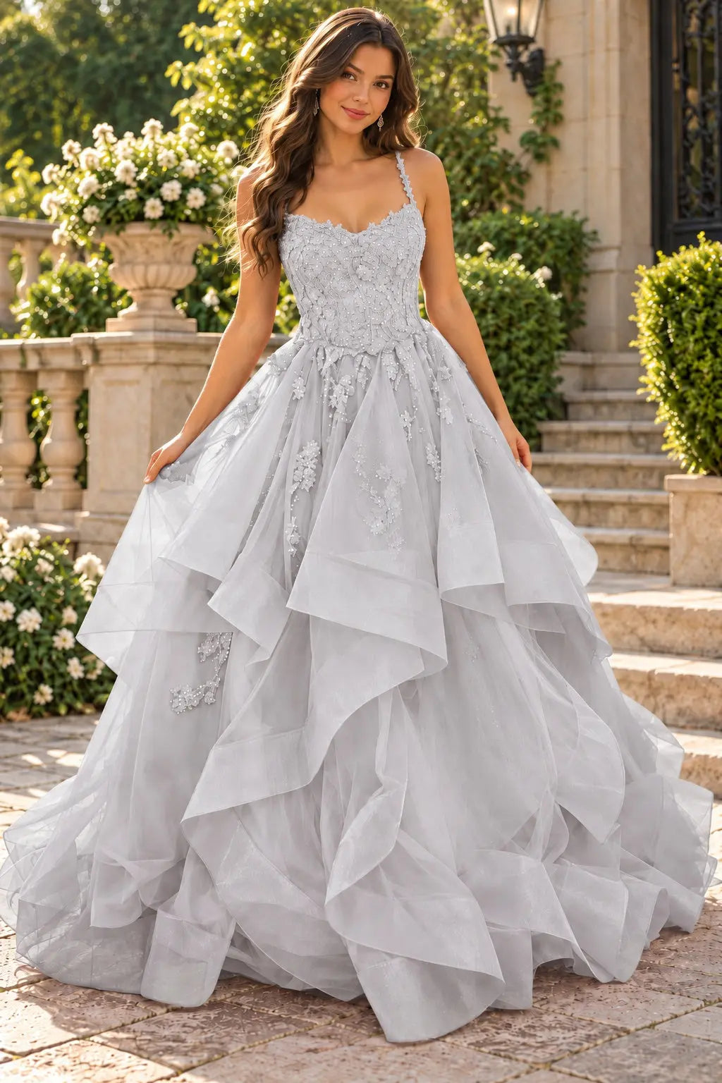 A-line Princess V Neck Floor-Length Tulle Prom Dresses with Appliqued