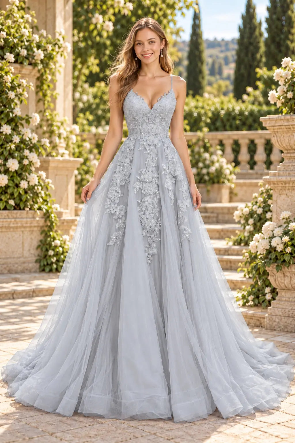 A-line V Neck Spaghetti Straps Sweep Train Tulle Prom Dress With Appliqued
