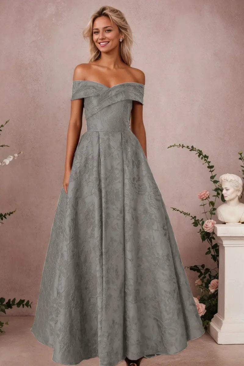 A-Line Off Shoulder Satin Burgundy Long Prom Dress Floral Jacquard Formal Ball Gowns - KAIDRESS