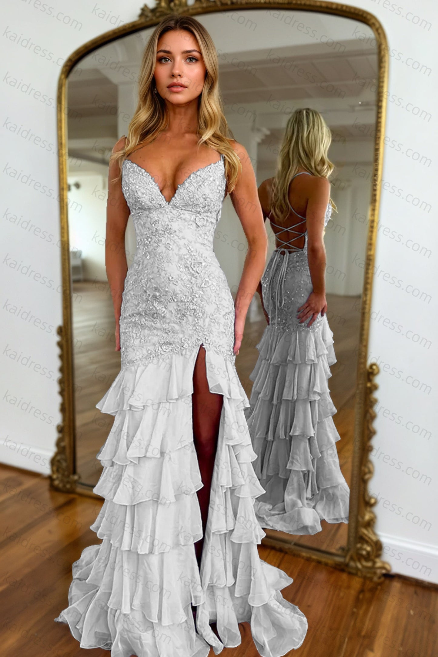 Mermaid Sparkly Lilac Lace Appliques Sheath Tiered Long Chiffon Prom Dress with Slit