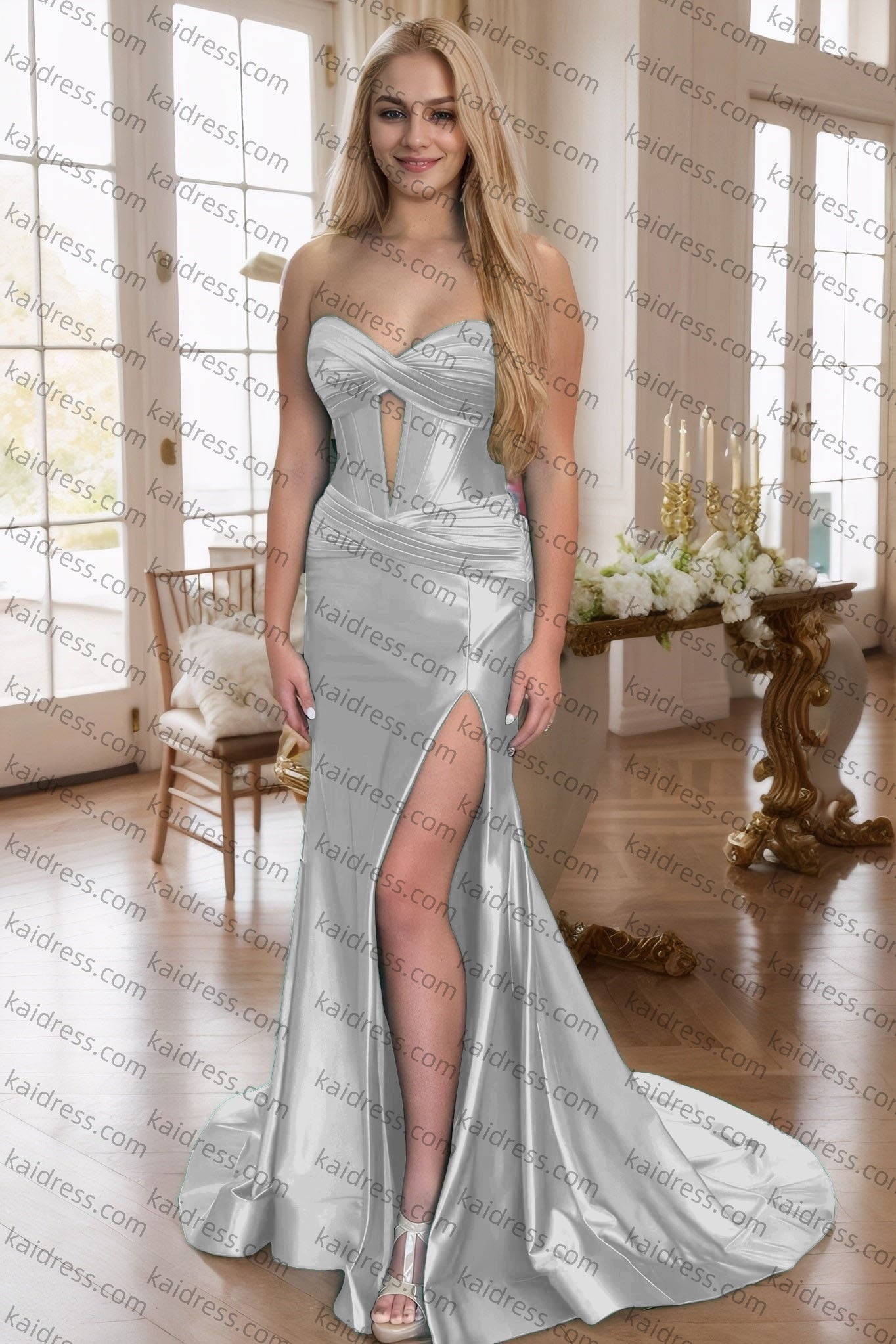 Green Silk Strapless Mermaid Prom Dresses Long Formal Evening Gown with Slit