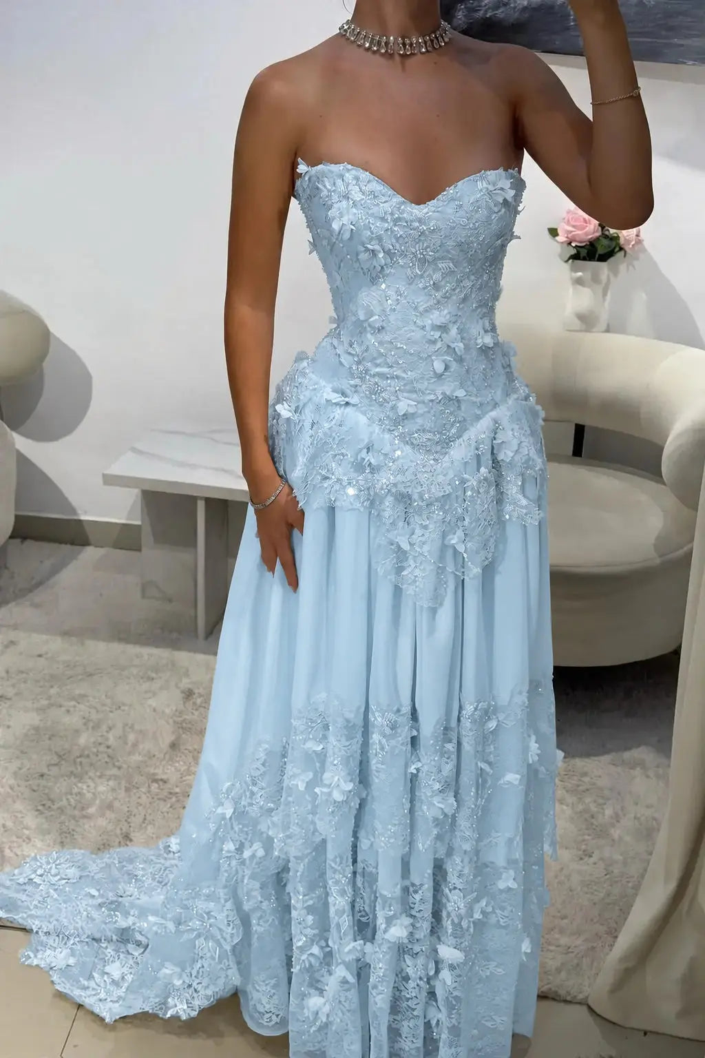 Dreamy Yellow 3D Floral Applique Sweetheart Corset Prom Dress