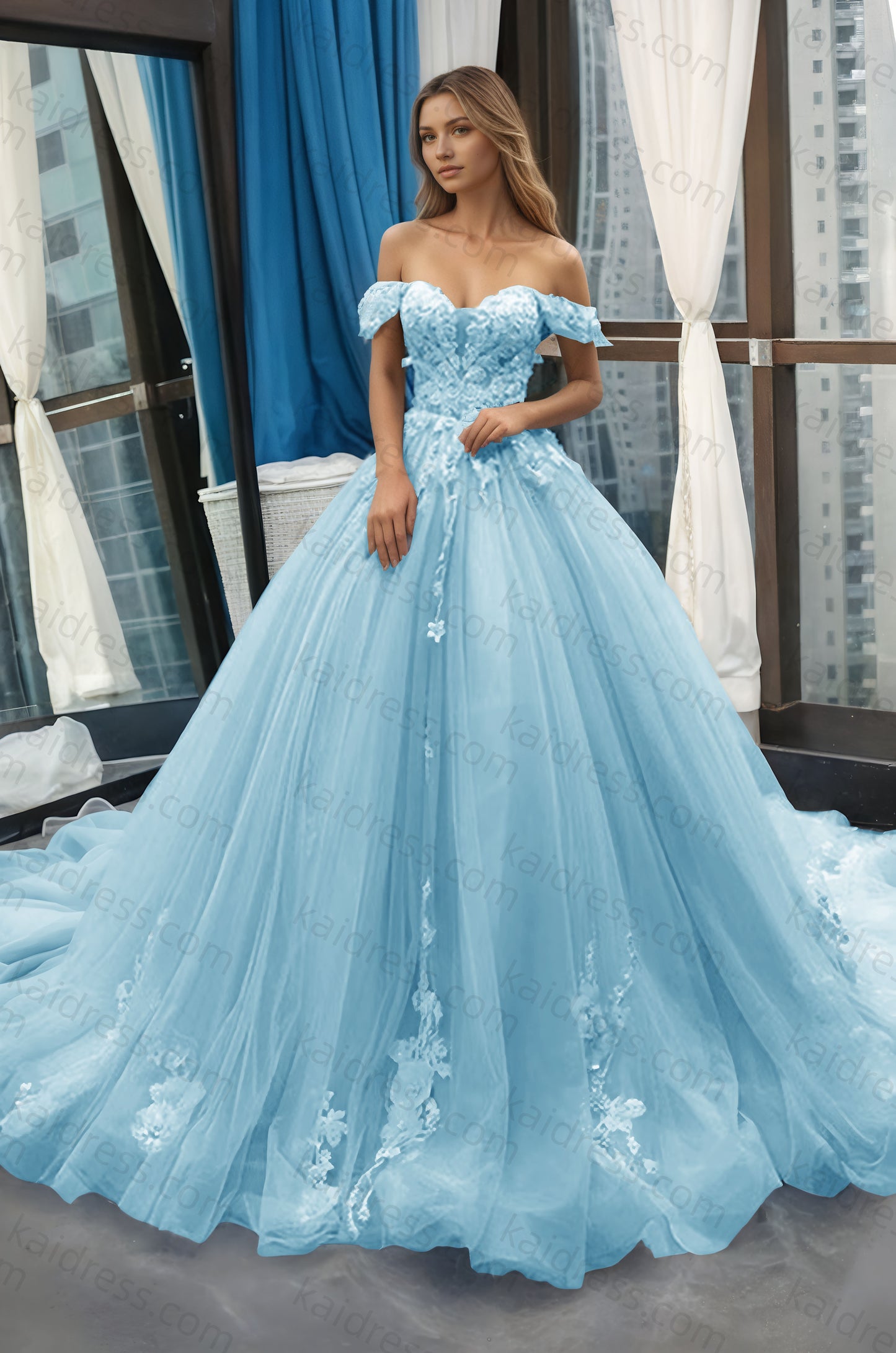 A-Line Off the Shoulder Tulle Applique Long Quinceañera Dresses Blue Formal Prom Dress