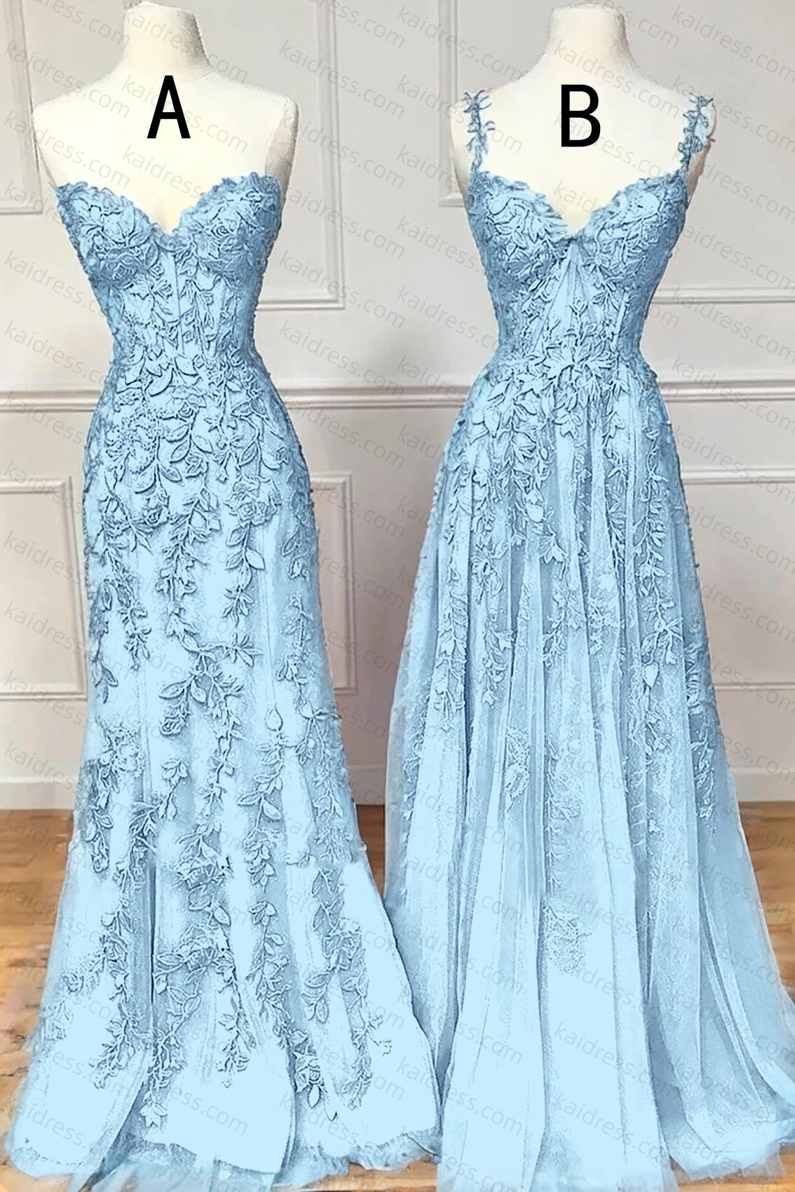 A-line Sweetheart Spaghetti Straps Sweep Train Lace Prom Dress With Beading