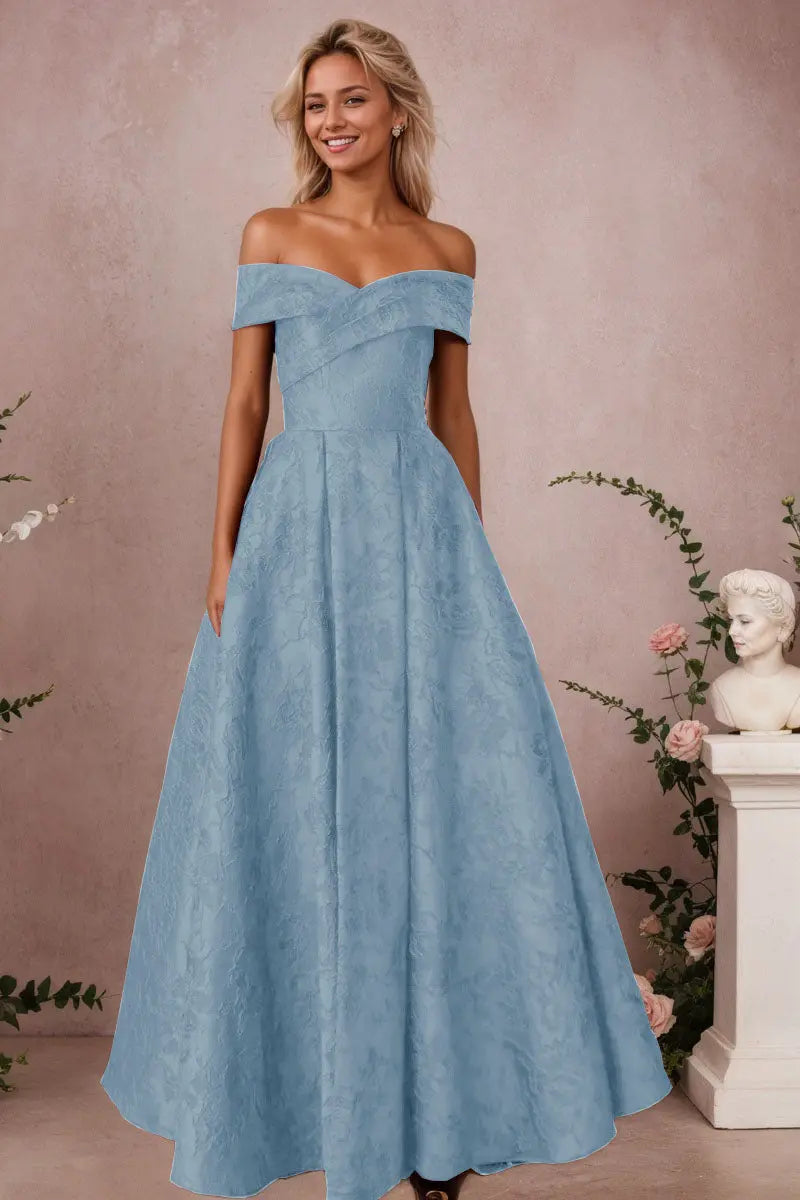 A-Line Off Shoulder Satin Burgundy Long Prom Dress Floral Jacquard Formal Ball Gowns - KAIDRESS