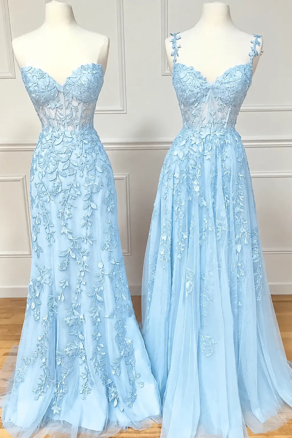A-line Sweetheart Spaghetti Straps Sweep Train Lace Prom Dress With Beading Kaidress