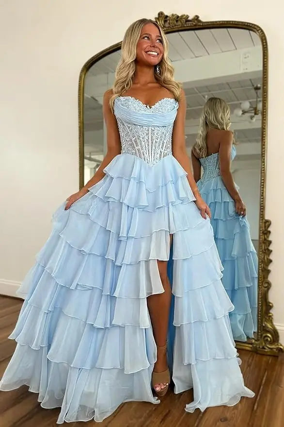 Sky Blue Chiffon A-Line Ruffle Prom Dress Corset Slit Gown