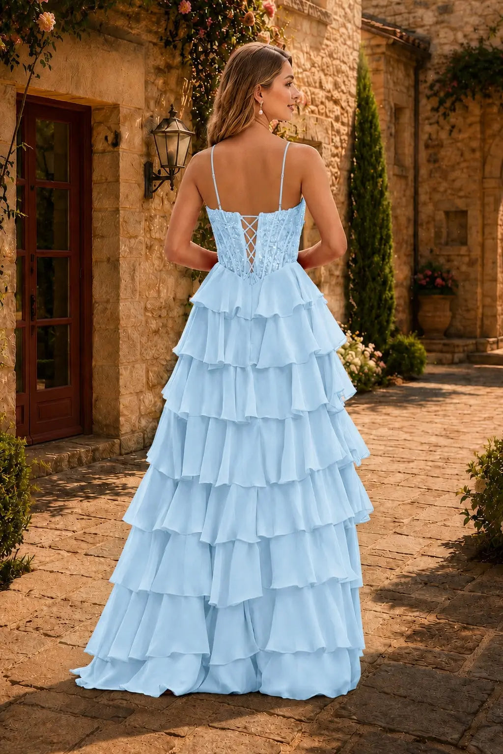 Spaghetti Straps Sweetheart Embellished Corset Chiffon Slit Ruffle Prom Dress with Detachable Straps