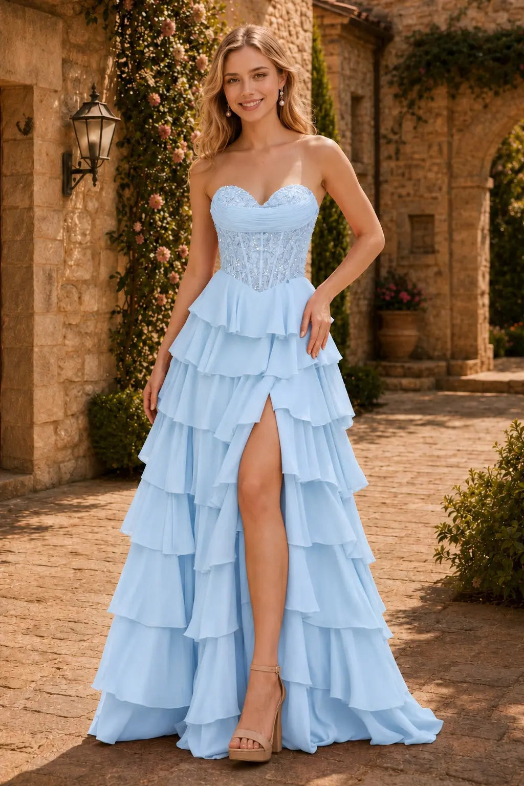 Spaghetti Straps Sweetheart Embellished Corset Chiffon Slit Ruffle Prom Dress with Detachable Straps