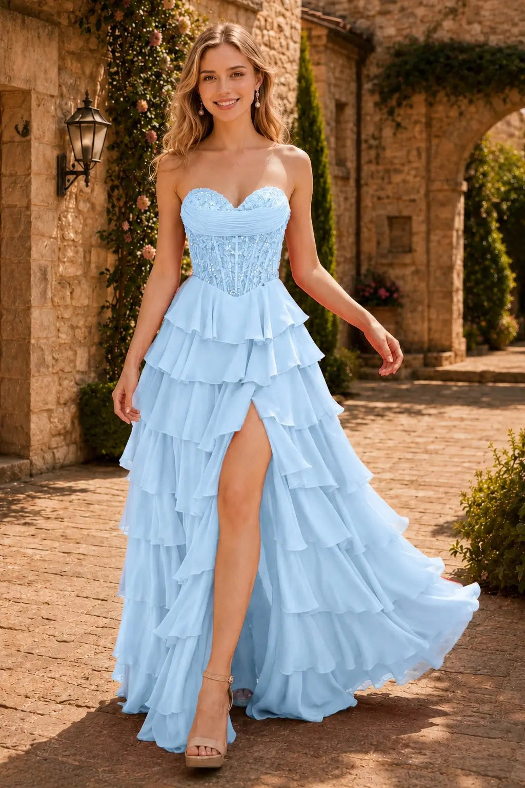 Spaghetti Straps Sweetheart Embellished Corset Chiffon Slit Ruffle Prom Dress with Detachable Straps