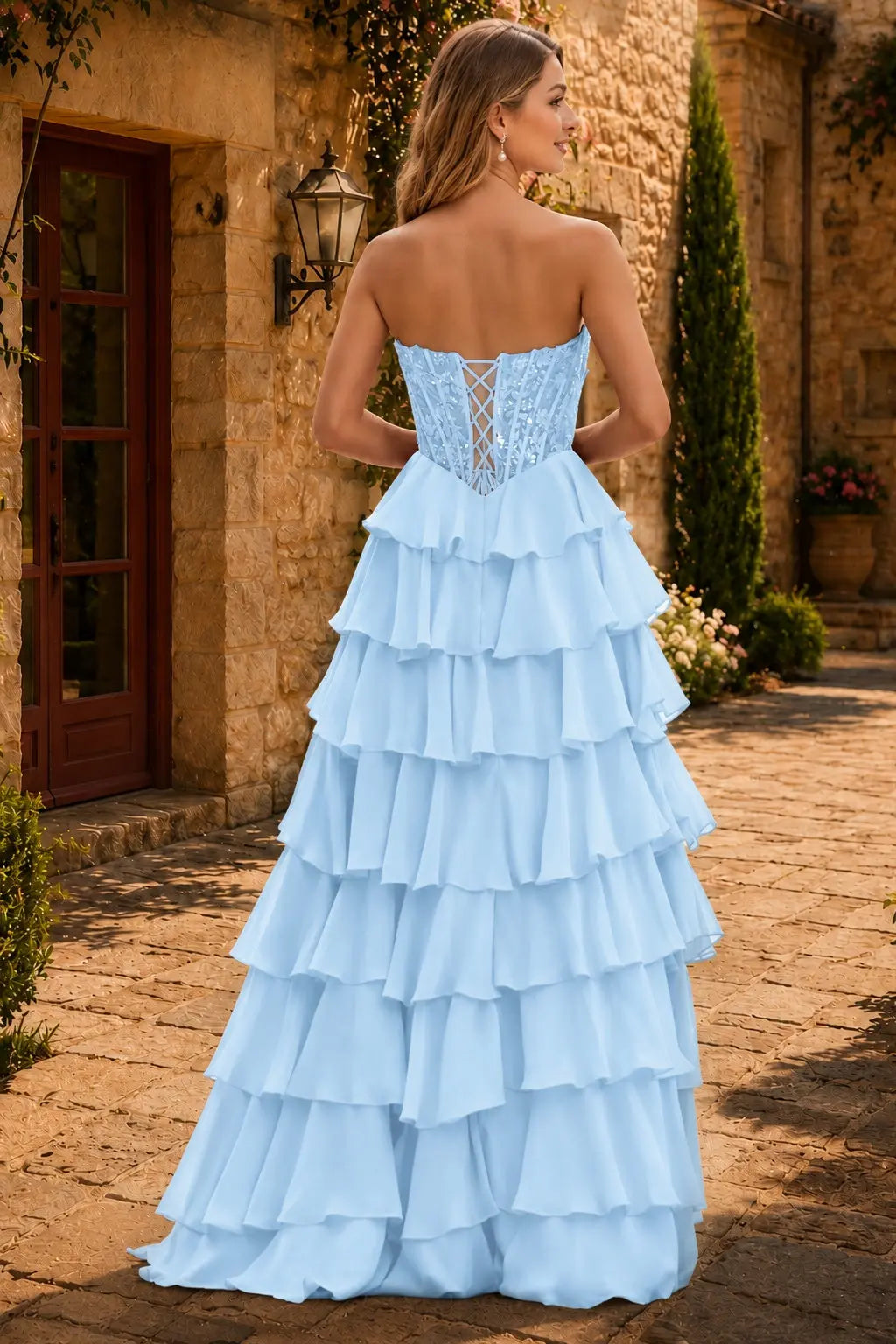 Spaghetti Straps Sweetheart Embellished Corset Chiffon Slit Ruffle Prom Dress with Detachable Straps