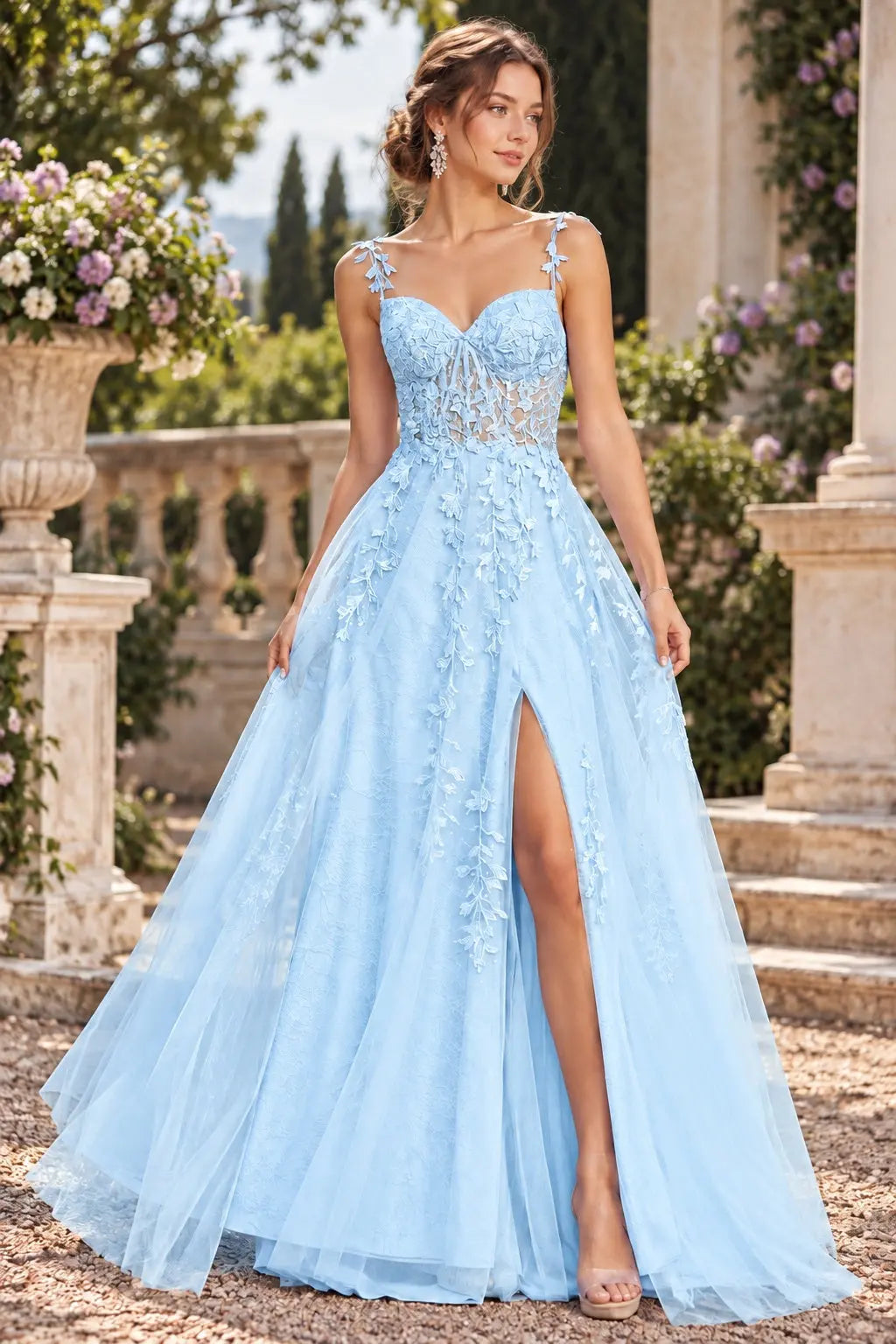 A-line V Neck Sweep Spaghetti Straps Train Tulle Prom Dress with Appliqued Beading