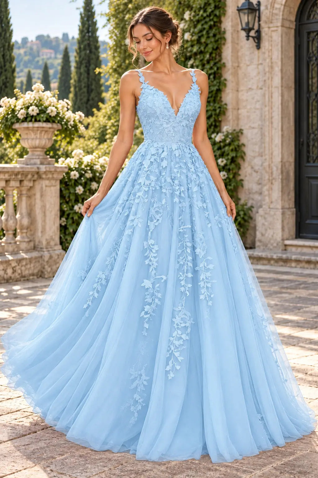A-Line Lace Prom Dresses Long V Neck Sleeveless Formal Maxi Dress