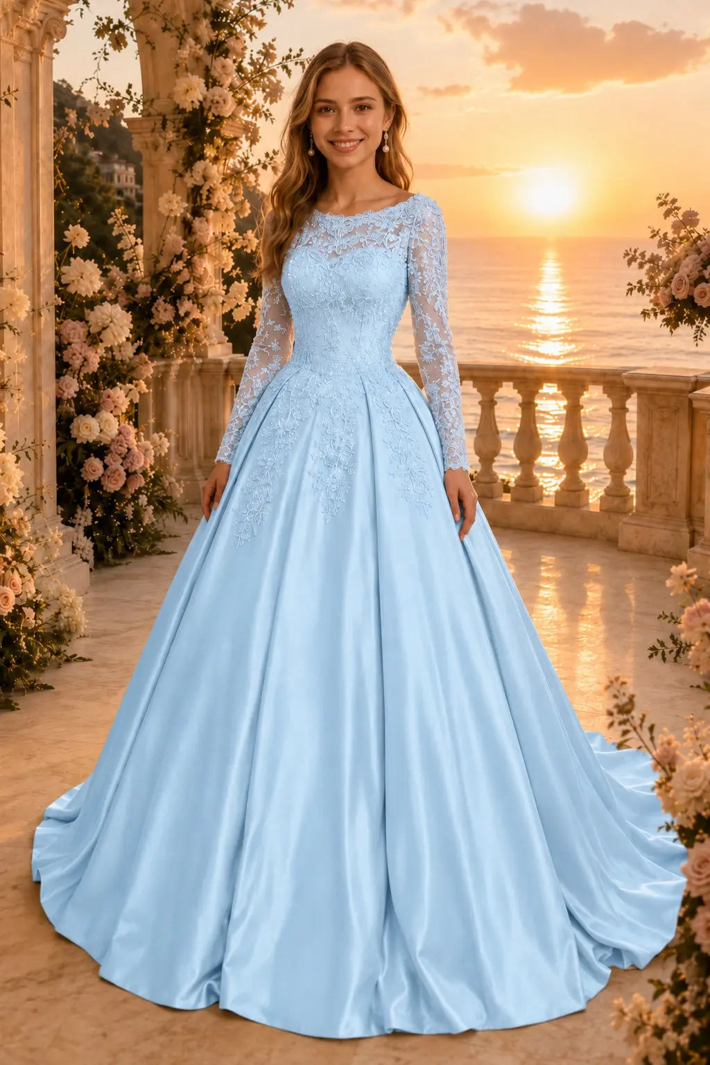 Ball Gown Long Sleeves Off-the-Shoulder Chapel Train Applique Satin Prom Dresses Kaidress